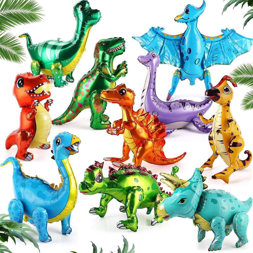 10 Pcs Giant Dinosaur Balloons 4d Dino Aluminum Foil Self Standing Dino Balloons Dinosaur Inflatable Birthday Decorations for Jungle Theme Party(Multicolored)