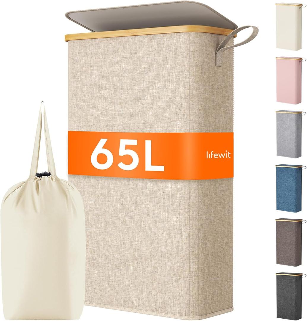 Lifewit 65L Slim Laundry Hamper with Lid, Narrow Laundry Basket with Removable Bag & Bamboo Handles, Foldable Thin Dirty Clothes Hamper for Laundry Collapsible Bin for Bathroom Bedroom Dorm, Beige