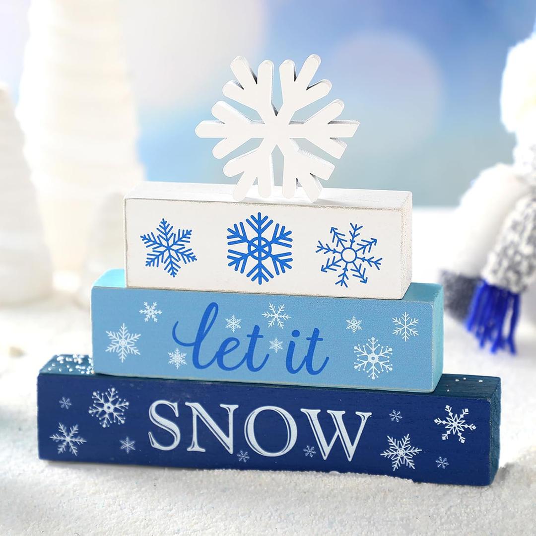 Suzile 4 Pcs Winter Table Decorations Snowflake Tabletop Decor Wooden Winter Tiered Tray Let It Snow Table Topper Centerpiece Tiered Tray for Wonderland Farmhouse Blue Christmas Decorations