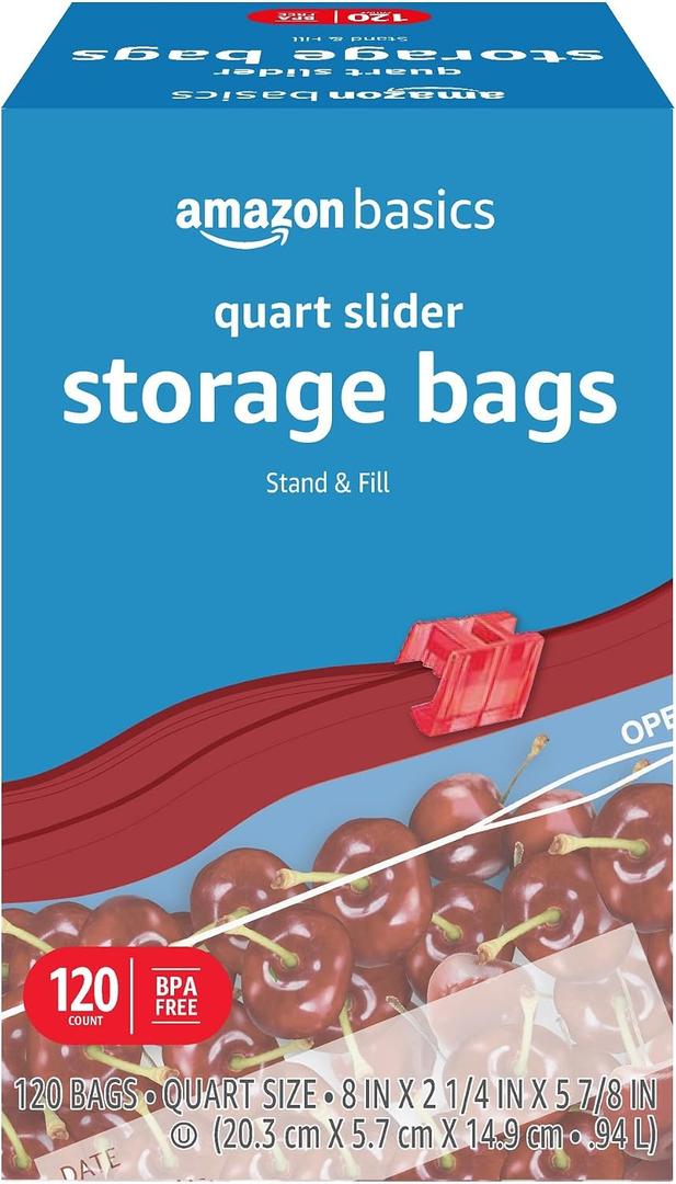Amazon Basics Slider Quart Food Storage Bags with Stand-Up Bottom, Easy to Fill, BPA Free, 120 Count (Previously Solimo)