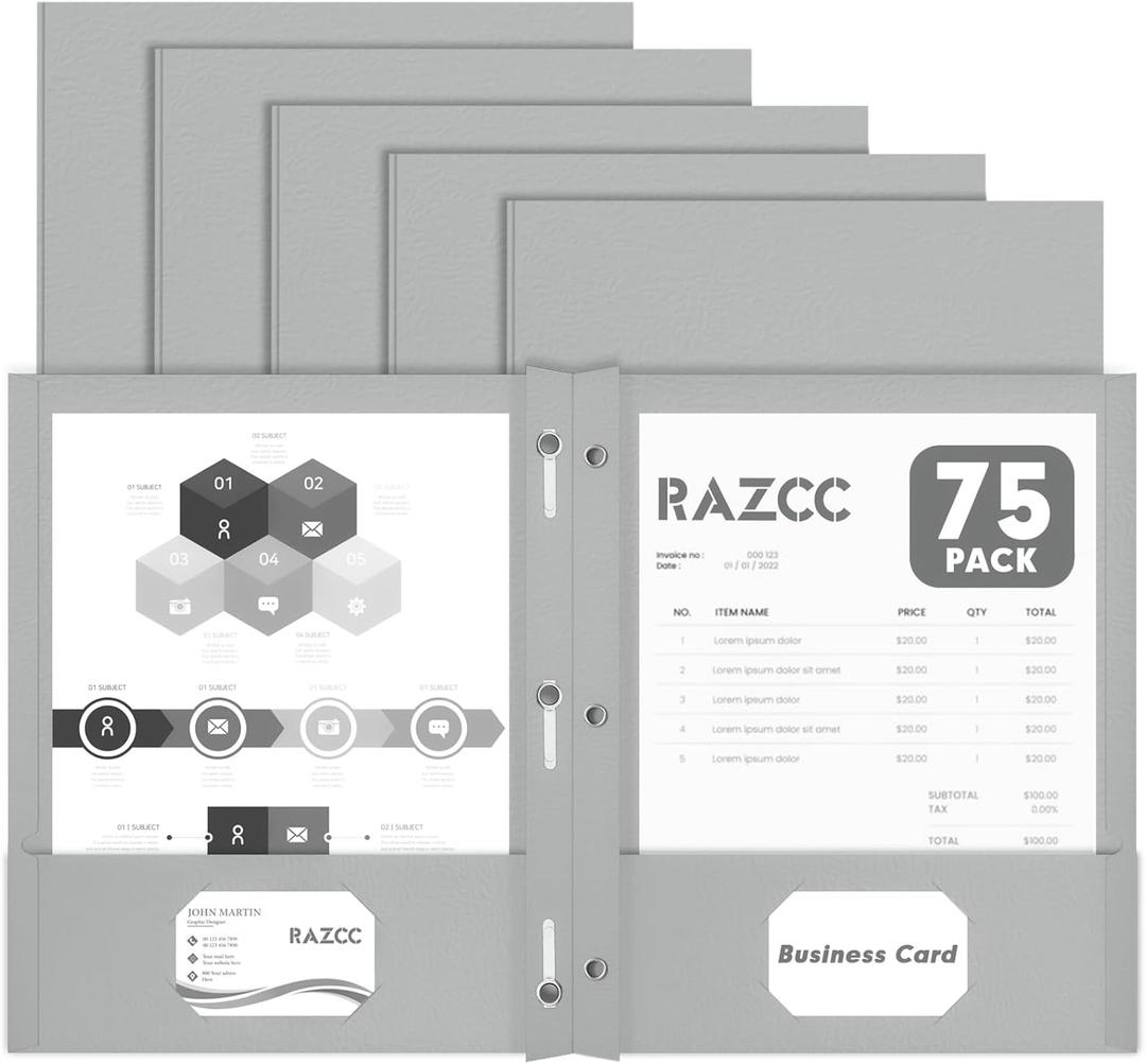 Two Pocket Folders, RAZCC 75 Pack Two Pocket Folders with Prongs, 3 Prong Folders Fit Letter Size Paper, Pocket File Folders for School Office Home Business, Grey