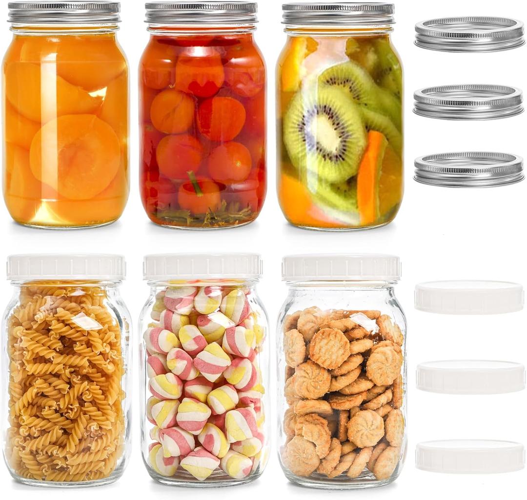 Jucoan 6 Pack Wide Mouth Glass Mason Jar Canning Jar with Lid and Band, 32 oz Quart Size Square Mason Jars for Preserving, Fermenting, Pickling, Salad, Juice, Food Storage, with 6 Plastic Lids