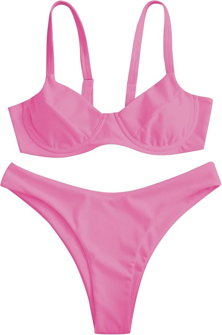 ZAFUL Women's Ribbed Underwire Bikini Set High Cut Colorblock V Notch Swimwear Printed High Leg Swimsuit