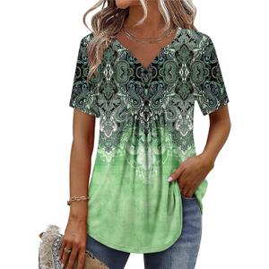 BETTE BOUTIK Womens Short Sleeve Tunics V Neck Button Down Shirts Blouse Tops Pullover (Green, XL)