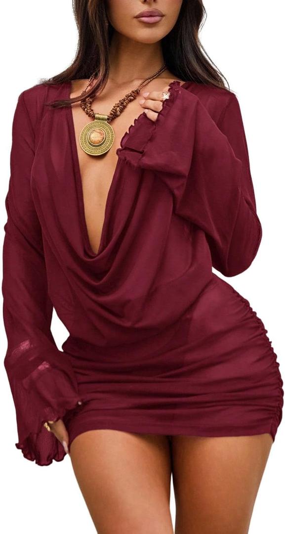 ZAFUL Womens Swimsuit Cover Up Dress Draped Neck Tie Waist Coverup Bathing Suit Mesh Swim Beach Dress (M)