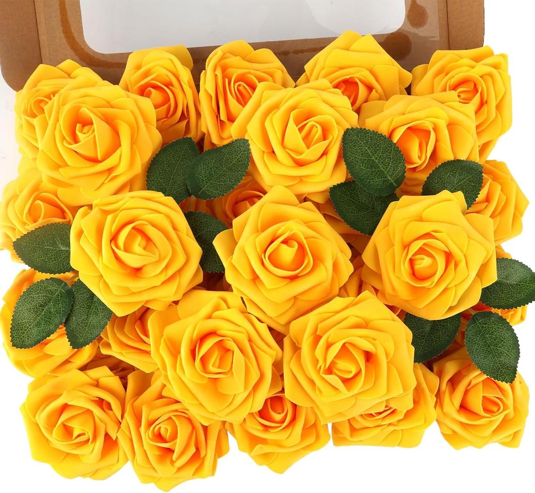 MACTING Artificial Yellow Flowers 30PCS Real Touch Fake Flowers Soft Foam Roses with Stem for Floral Arrangement DIY Table Centerpieces Wedding Bouquet Party Holiday Summer Mothers Day Decor