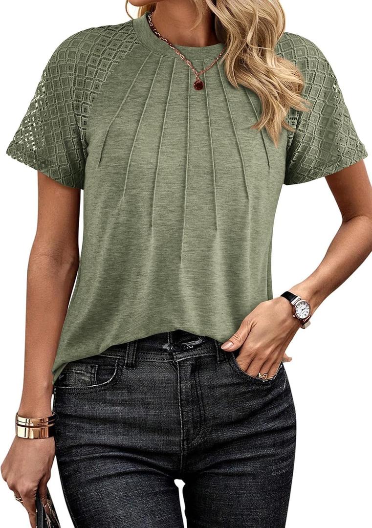 KIRUNDO Short Sleeve Shirts for Women 2025 Spring Summer Crewneck Sexy Lace Patchwork Business Casual Going Out Tops Knitted Blouses Trendy Clothes(X-Large, Army Green)