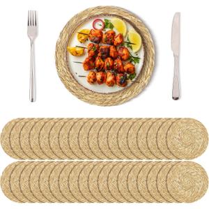 Kochorie Set of 36 Round Woven Placemats 12 Inch Bulrush Placemats Natural Handwoven Boho Rattan Wicker Table Mats for Farmhouse & Home Dining