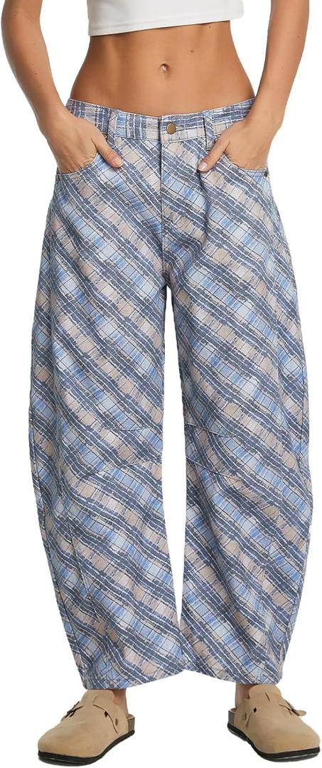 Women's Printed Barrel Jeans Wide Leg Baggy Denim Pants Mid Rise Boyfriend Plaid Pants Y2k Distressed Trousers Deepblue (US 26)