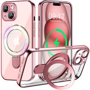 Magnetic for iPhone 15 Case with Invisible Stand[Compatible with MagSafe][Full Camera Lens Protector][Military Drop Protection] Shockproof Not Yellowing Clear Slim Soft for Women Men, Pink