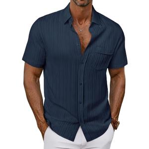 PJ PAUL JONES Men's Casual Button Down Shirt Textured Short Sleeve Summer Shirt with Pocket (S, Navy Blue)