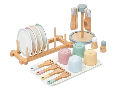 Wooden Play Kitchen Accessories Montessori Toys for Toddlers 3-5, Play Dishes for Kids Kitchen with Realistic Dishes & Plates & Tableware, Christmas Birthday Gifts for 3 4 5 6 Years Girls Boys