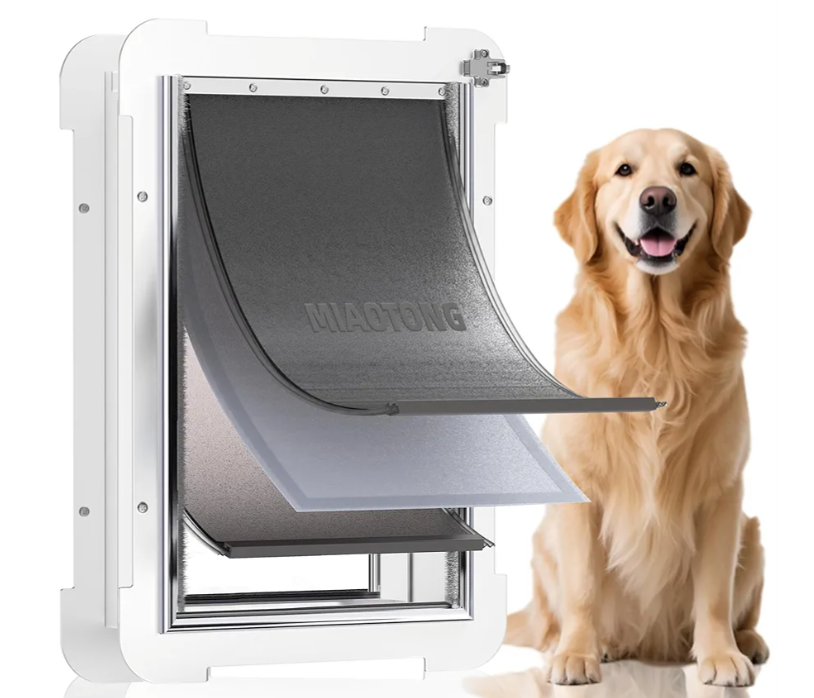 3-Flap Steel Large Dog Door for Exterior Doors with Sliding Lock Panel, Energy-Efficient Insulated Pet Door, Extreme Weather Doggy Door with Telescoping Tunnel, Never Rust（Pets Up to 100 Lb）