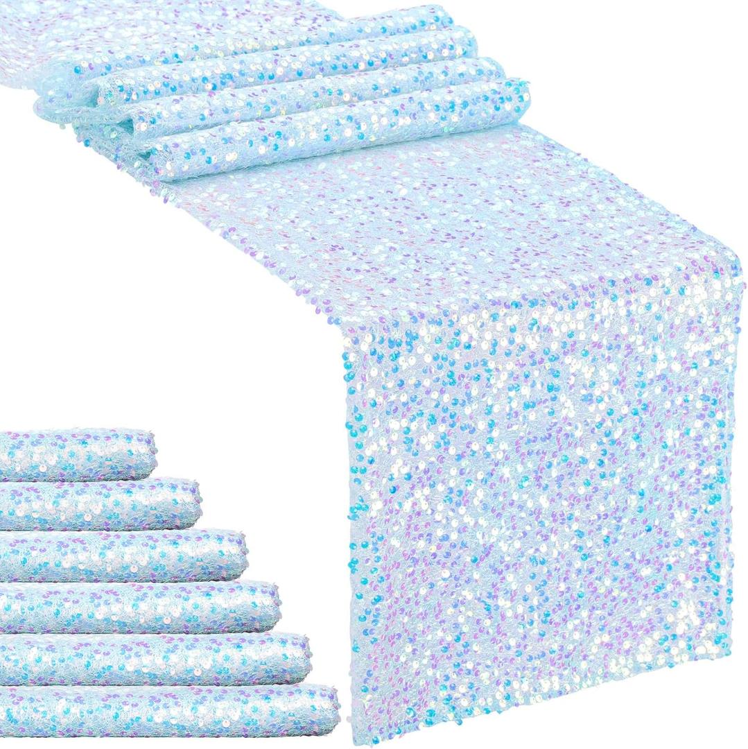 MoKoHouse 6 PCS Mermaid Sequin Table Runner 12 x 72 Inch Blue Iridescent Table Runners for Little Mermaid Party Decorations