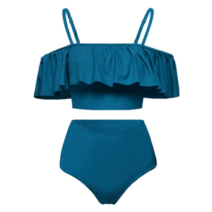 Kaei&Shi High Waisted Flounce Bikini Set,Tummy Control Swimsuits for Women,Off Shoulder L, Peacock Blue