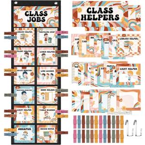 Pasimy Groovy Class Jobs Pocket Chart Class Helpers Pocket Chart Classroom Jobs Cards with Clips and Hooks Teacher Helper Bulletin Board Set for Back to School Classroom Teacher Supplies