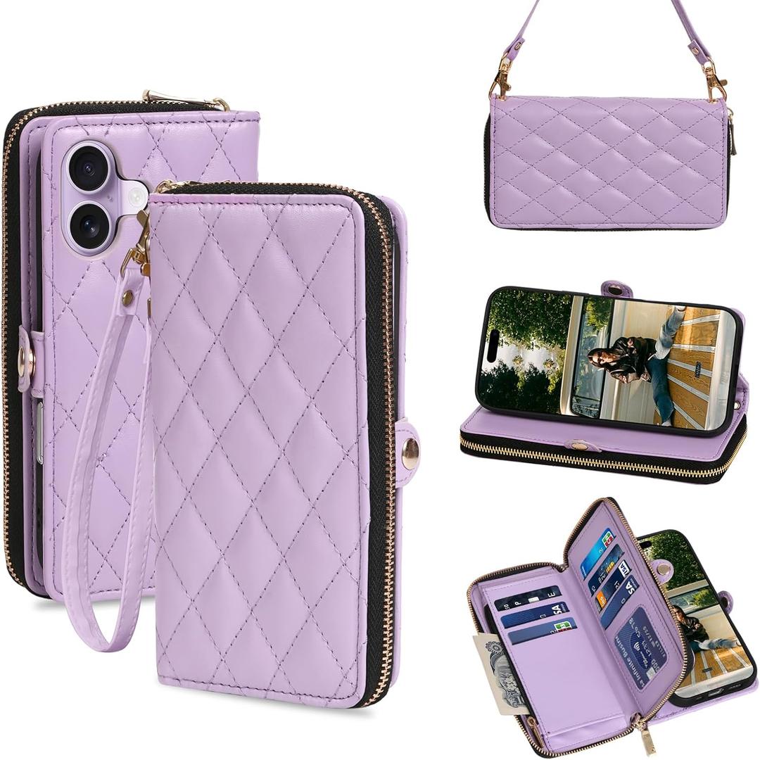 Rssviss Crossbody Case for iPhone 17 Case Wallet, RFID Blocking Leather with Card Holder Kickstand, Handbag Zipper Flip Cover with Wrist Strap for iPhone 17 Men Women 6.3", Purple
