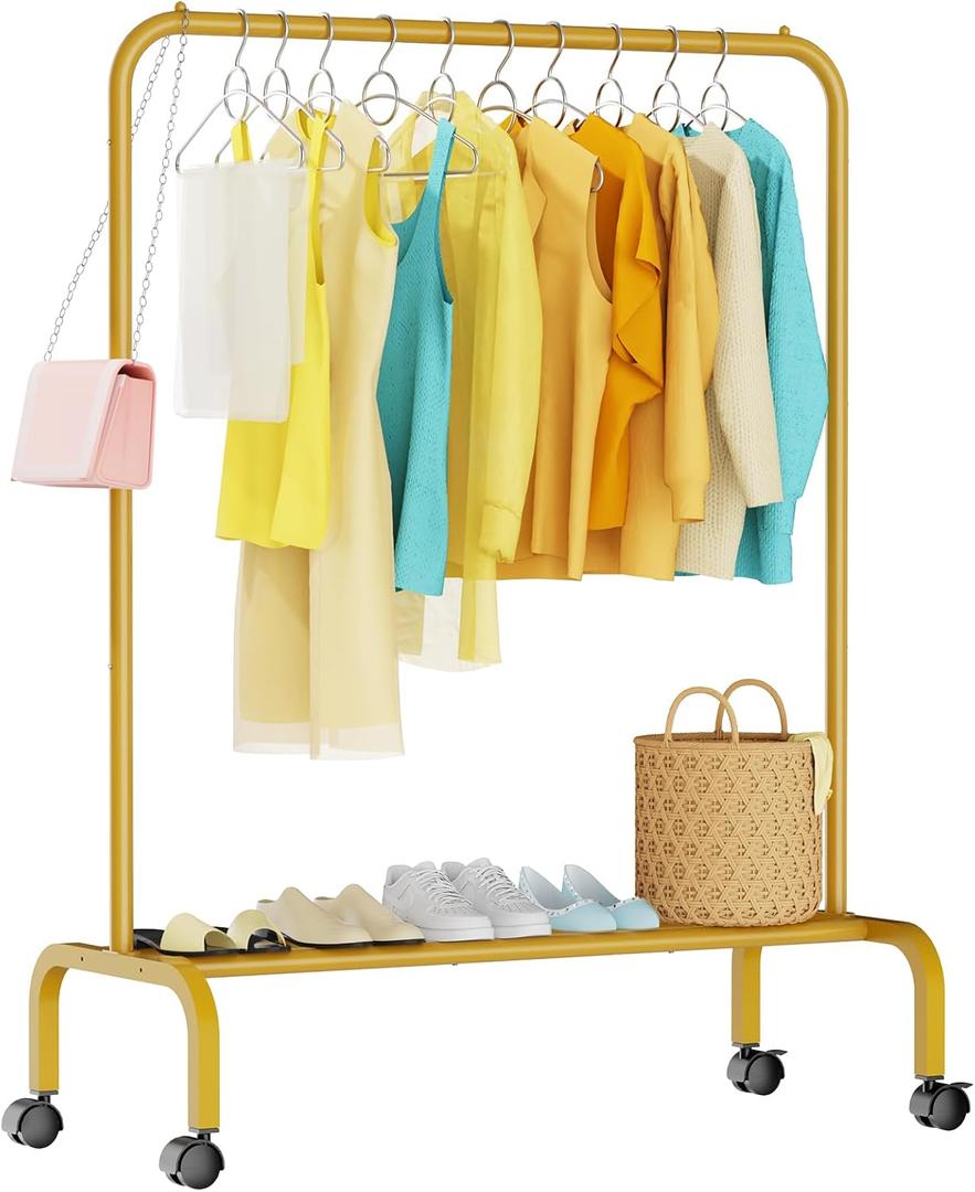 Rolling Clothing Racks for Hanging Clothes, Garment Rack for Clothes to Hang, Metal Portable Wardrobe Rack for Coats, Jackets, Shirts, Dress, Warm Gold