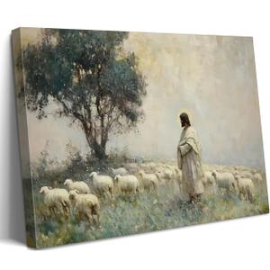 Vintage Jesus and Lamb Canvas Wall Art Jesus Christ The Good Shepherd Picture Wall Decor Christian Bible Stories Spiritual Poster Painting Prints Artwork for Living Room Bedroom Church Prayer Room