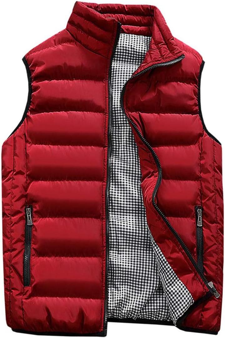 Men's Outdoor Casual Stand Collar Outwear Padded Vest Coats (Large, Red)