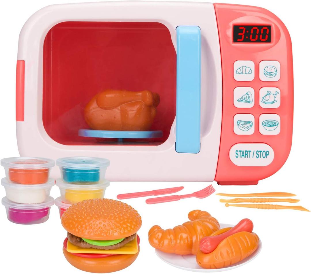 Microwave Toys Kitchen Play Set with Light Sound,Kids Pretend Play Electronic Oven with Play Food and 6 Color DIY Play-Dough for Children Ages 3+ Years (Pink)