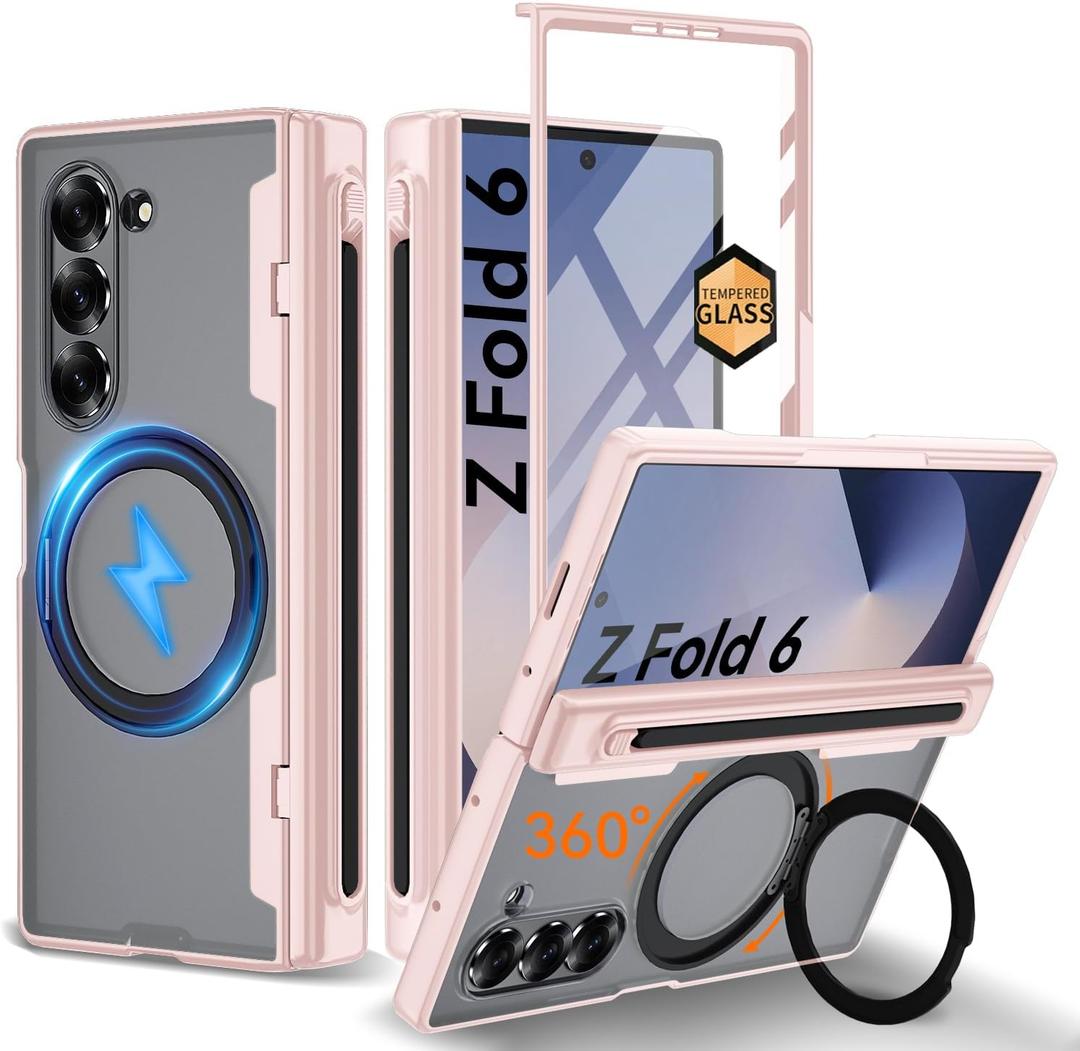 Upgraded 360 Spin Magnetic Invisible Ring Stand for Samsung Galaxy Z Fold 6 Case,[Compatible with MagSafe][S Pen Holder][Hinge Protection][Screen Protector],Shockproof Full Body Phone Cover (Pink)