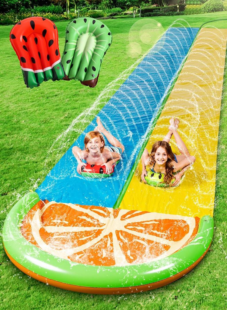 Sloosh Water Slides with 2 Inflatable Boards,22.5ft Double Lane Lawn Water Splash Slip Slide with Advanced Sprinklers Summer Toy for Kids Adults Fun Backyard Summer Outdoor, Orange