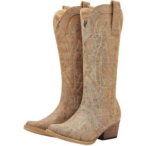 HISEA Rollda Cowboy Boots for Women, Cowgirl Boots, Comfortable Western Boots with Pointed Toe Stitched Embroidery for Country Concert Dancing Wedding Traveling Daily Outfits (Brown)