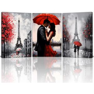 Paris Canvas Wall Art Eiffel Tower Picture Prints Romantic Couple Paintings Black and Red Wall Decor for Living Room Bedroom Bathroom Office Decor Framed(Artwork-2,16.00" x 24.00" x 3Pcs)