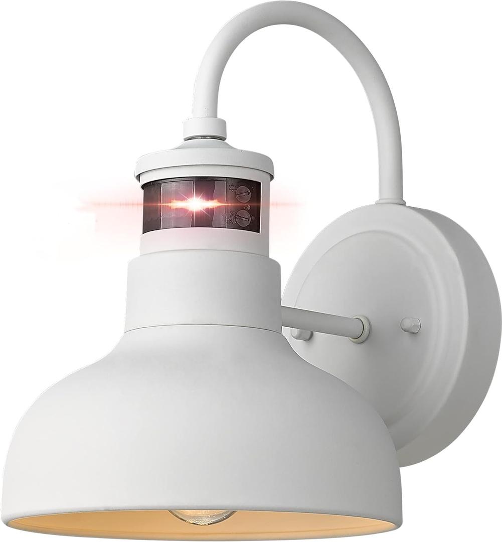 7" Outdoor Light Fixture with Motion Sensor, Dusk to Dawn Exterior Wall Light E26 Base Socket Barn Light, IP65 Waterproof Outside Wall Sconce for Porch, House, Garage, Farmhouse, 2210SWH-1 (White)