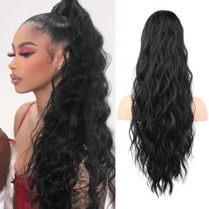 Flufymooz Ponytail Extension, 26 Inch Drawstring Ponytail Hair Extensions for Women Long Curly Wavy Pony Tail Natural Wavy Synthetic Hairpiece for Women Daily Use party ((26 Inch Natural Black)