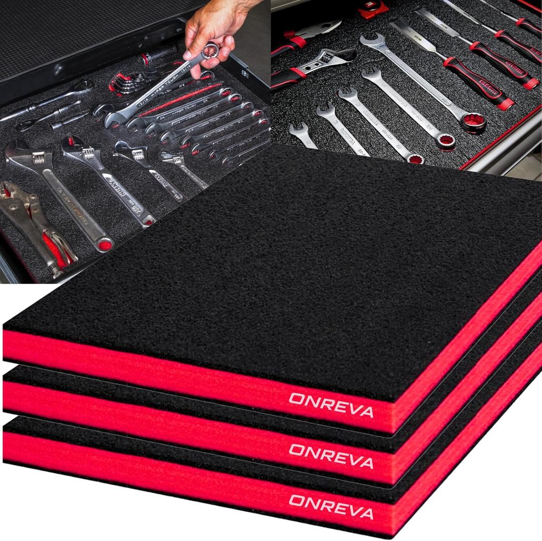 ONREVA Tool Box Foam 16x12x1 inch 3Pack, Foam Inserts for Cases, Polyethylene Storage Sheets for Toolbox Hard Case, Tool Shadow Insert, Kaizen Organizer Sheet, Black with Red