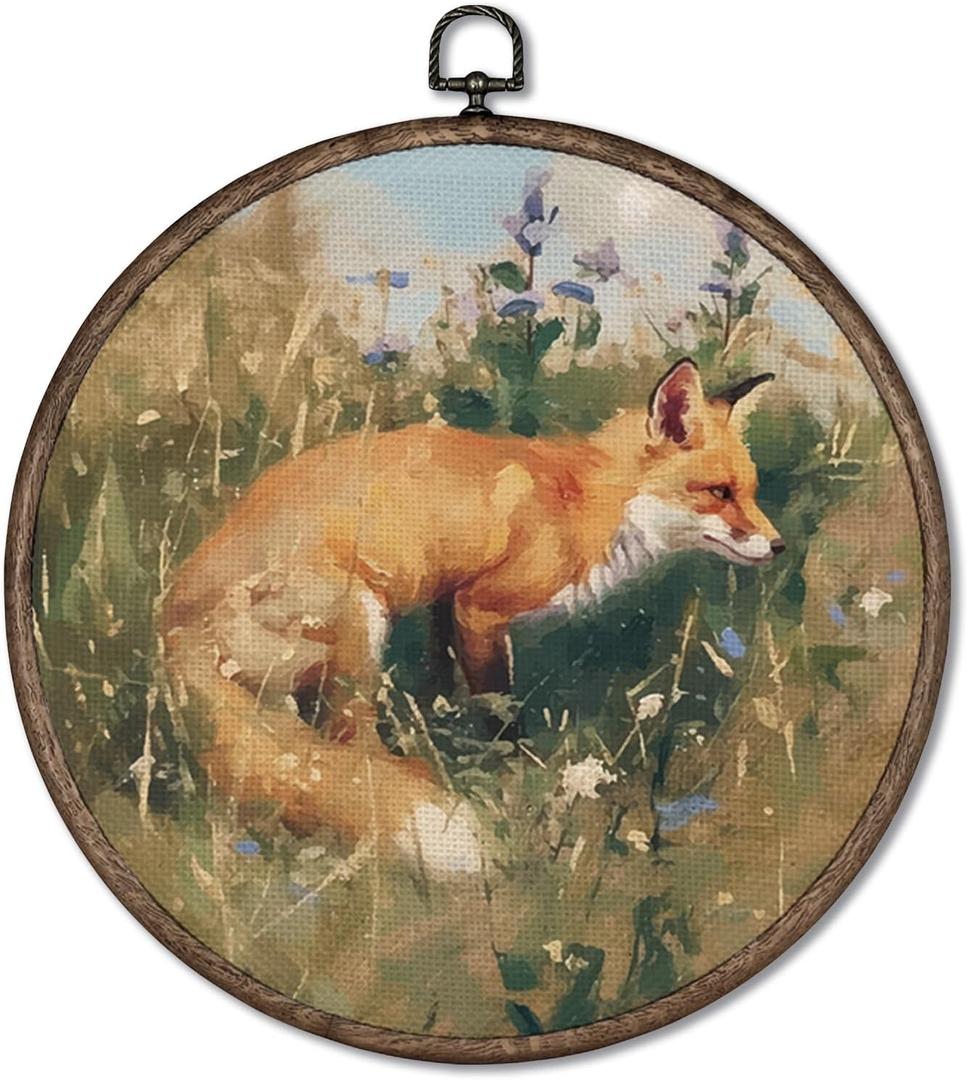 Giosve Vintage Fox Round Wall Art Canvas Framed Poster, Farmhouse Rustic Cottagecore Fox Woodland Animals Hanging Wall Sculptures for Home Bedroom Living Room Decor, 10x10 Inch