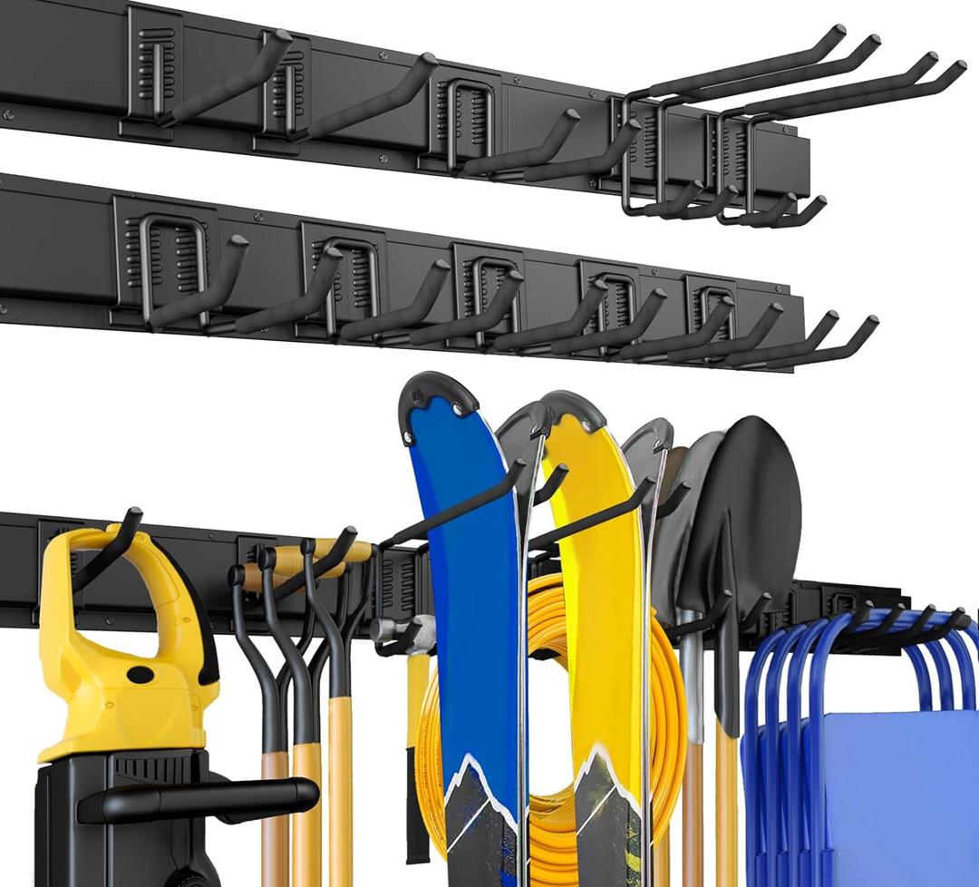 64 Inches Garage Storage, UUP Garage Organization Wall Mount Garden Tool Organizer, 620lbs Adjustable Metal Hooks, Yard Shed Rail Rack, Lawn Tool Holder for Hanging Rake Broom Mop Snowboard, Home Gift, Black
