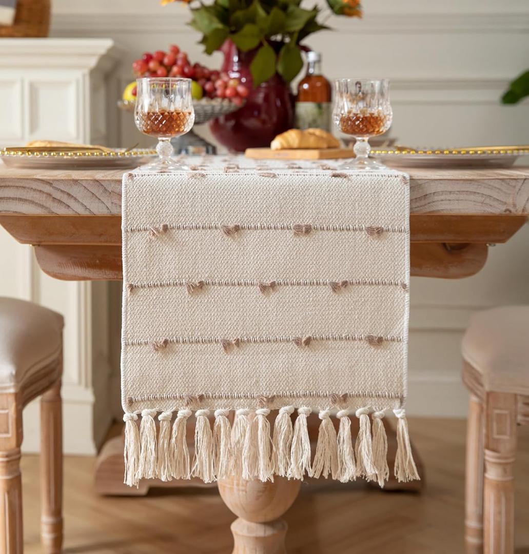 Caflife Boho Table Runner 48 Inchs Long for Modern Farmhouse Room Home Decor, Taupe and Beige Coffee Table Runner, Natural Cotton Woven with Tassels Neutral, for Kitchen Dining Table Decor (13x48Inch, Taupe Beige)