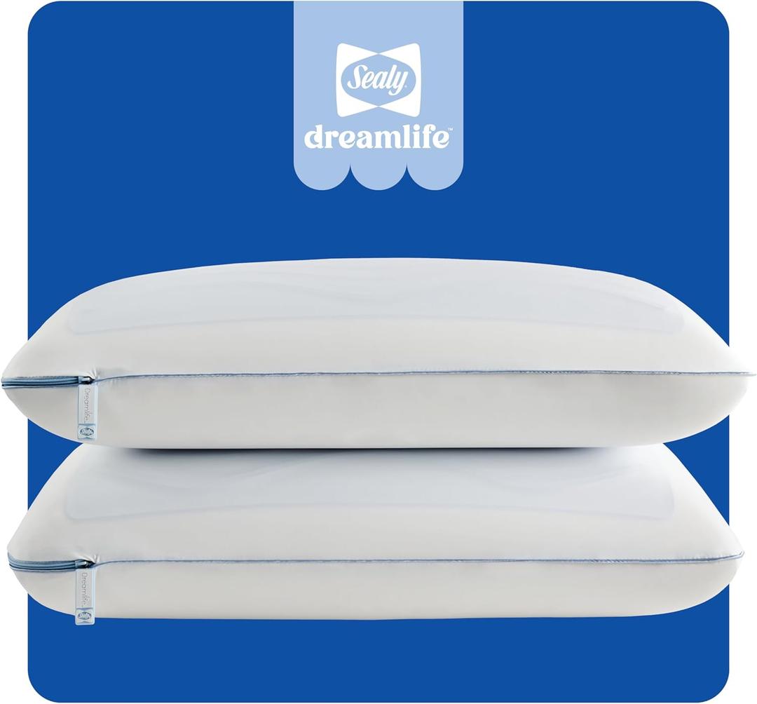 Sealy Dreamlife US Standard Size Memory Foam Cooling Pillow with SealyChill Cooling Gel, Removable Machine-Washable Cover, Made in The USA (2 Pack)