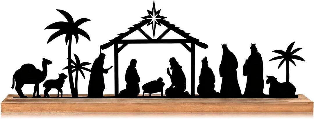 Metal Nativity Sets for Christmas Decorations Black Metal Nativity Scene with Wooden Base for Xmas Home Indoor Mantel Tabletop Office Kitchen Table Shelf Decor (Classic)