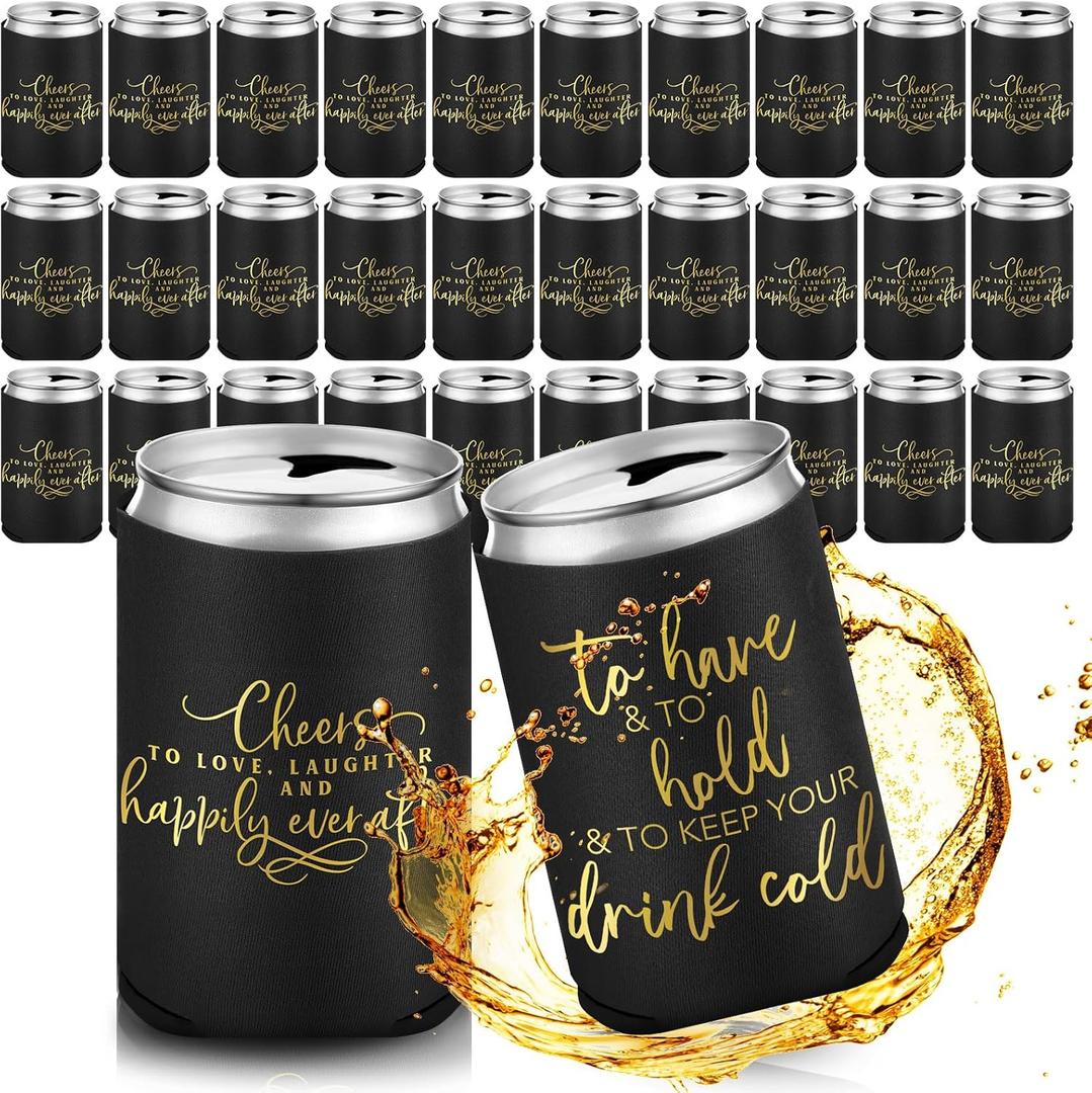 Qinyoung 50 Pieces Black Wedding Can Cooler Sleeves Bulk Engagement Party Favors for Guests Cheers to Love Laughter Happily Ever After Rehearsal Dinner Decorations for Wedding Bridal Party (Cute)