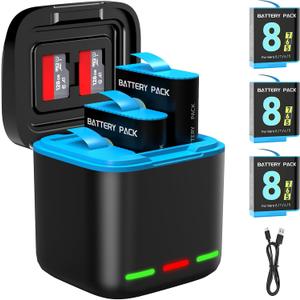 Battery Charger for Hero 8/7/6 Battery 3-Pack 1500mAh and USB Storage 3-Channel Fast Charger Fully Compatible with GoPro Hero 8, Hero 7, Hero 6 Black Official with Micro SD Card Slot