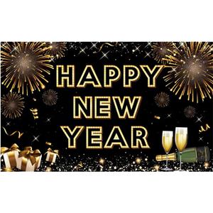 Happy New Year Banner for 2026 Party Decoration, Blackgold New Year Eve Banner Photo Backdrop Party Supplies (HAPPY NEW YEAR)
