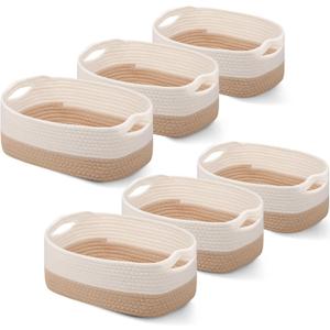 Sawysine 6 Pcs Cotton Rope Woven Basket for Storage Baskets for Organizing Storage Baskets Rope Basket with Handles for Cloth Blanket Toys Living Room Bathroom Laundry (Khaki and White)