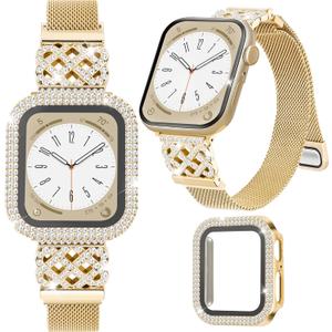 Metal Bracelet for Apple Watch Band 42mm 41mm 40mm 38mm 46mm 45mm 44mm for Women with Bling Case,Magnetic Slim Strap for iWatch Bands Series 11 10 9 8 7 6 5 4 3 SE SE3 Stainless Steel Mesh Loop iPhone