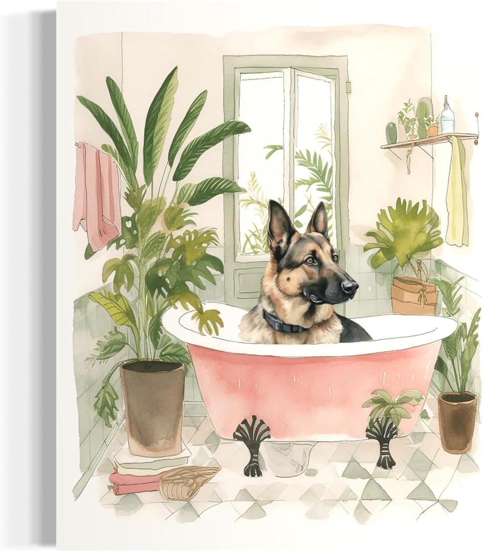 German Shepherd in Bathtub Black Framed Wall Art Poster Print, Animal Bathtub Restroom Wall Art Painting for Bathroom Decor Gallery Gallery 30 (German Shepherd in Bathtub, 20" L x 16" W, Black Frame)
