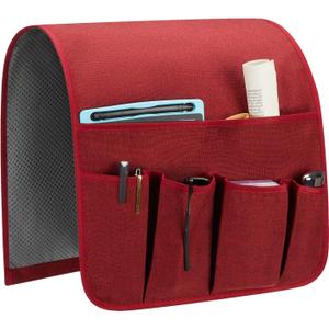 Sofa Armrest Organizer, Remote Control Holder for Recliner Couch, Arm Chair Caddy with 5 Pockets for Magazine, Tablet, Phone, iPad (W13'' x L33'', Burgundy)
