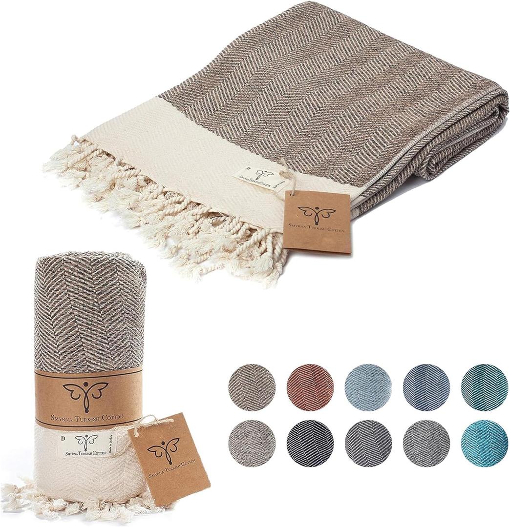SMYRNA TURKISH COTTON Herringbone Series Throw Blanket, 50x60 inch, Outdoor Blankets, Throws and Blankets for Couch, Sofa, Bed, Chair, Beach Picnic, Travel Boho Turkish Blanket Throw, Latte