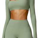 ABOCIW Women Square Neck Long Sleeve Workout Crop Top Low Medium Impact Athletic Yoga Gym Shirts with Built in Bra(ONLY TOP) (Small, Green)