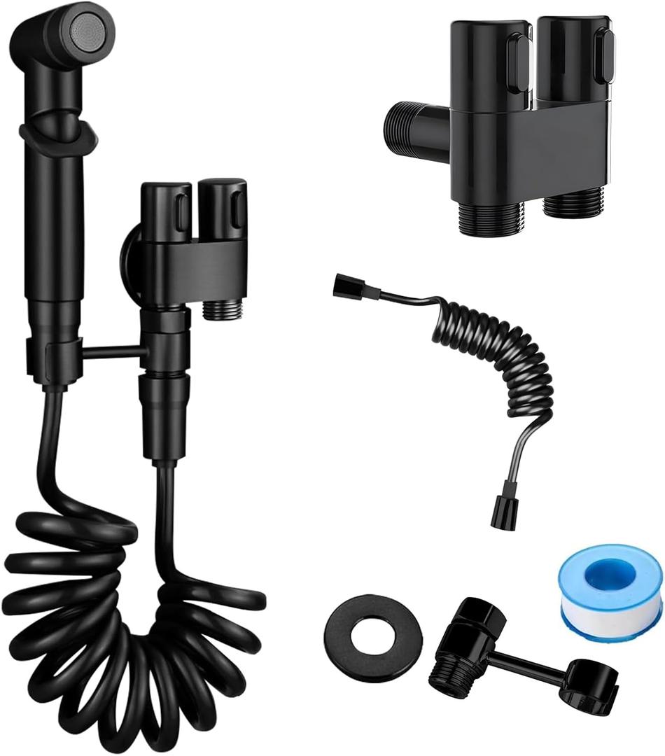 Handheld Bidet Sprayer for Toilet,1-In-2-Out Dual Control Valve,Mini Toilet Faucet Sprayer Kit Butt Washer,Hand Shower Bidet Attachment for Washing Machine and Toilet (Black)