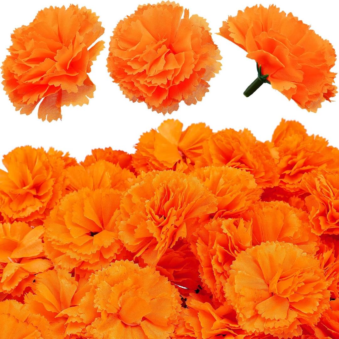 WILLBOND 140 Pcs Marigold Flower Head Mexican Artificial Marigold Flowers Halloween Flower Day of The Dead Decoration for Diwali Indian Decor DIY Wreath Garland Craft(2 Inch,Orange)
