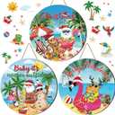 3 Pcs Christmas in July Door Decorations Christmas in July Front Door Wreath Summer Beach Wooden Sign Flamingo Santa Beach Hawaiian Hanging Hanger for Farmhouse Home Summer Xmas Decor Supplies