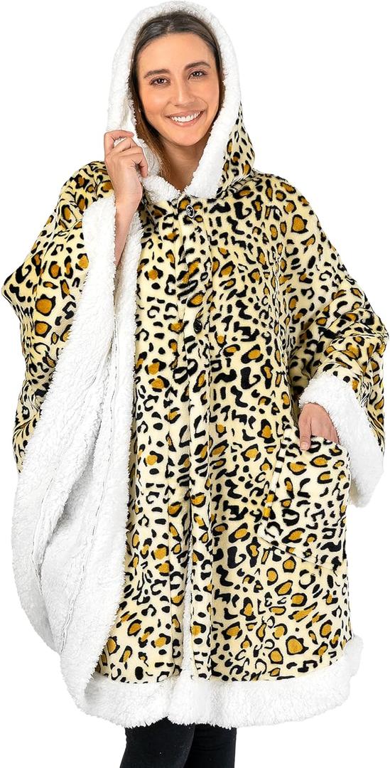 PAVILIA Sherpa Fleece Wearable Blanket for Adult Women, Cozy Plush Blanket Poncho Cape with Hood, Super Soft Shawl, Angel Wrap Throw for Office, Cheetah Yellow
